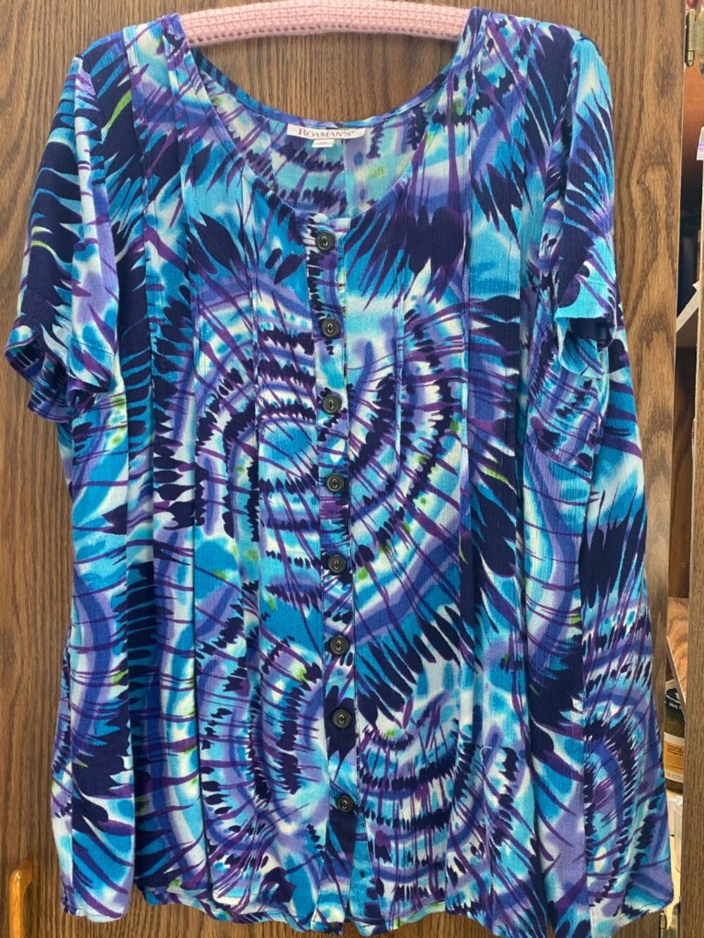 Roaman's Blue & Purple Tie-Dye Cloud Print Button-Down Tunic / Blouse SIZE 18W